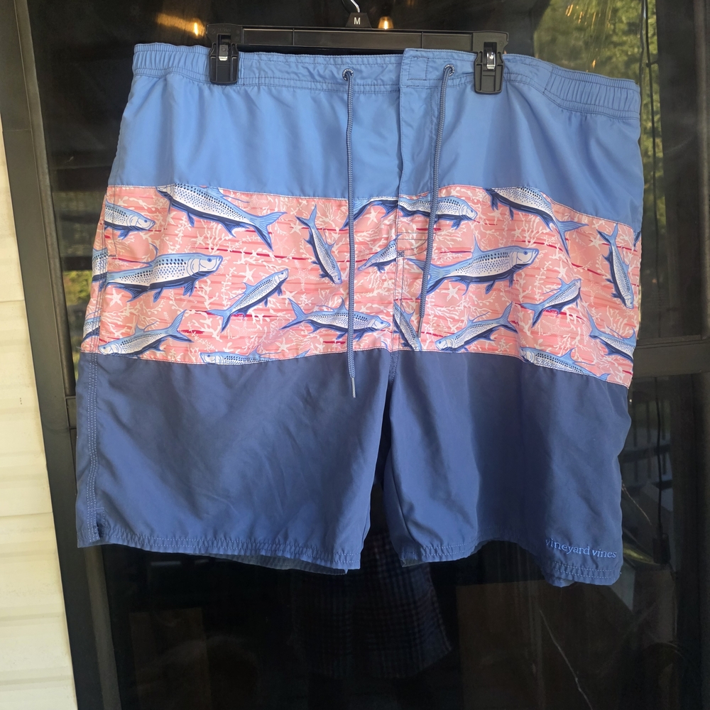 Vineyard Vines Blue and Coral Fish Print Board Shorts